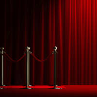 Velvet red rope barrier with a shining curtain on the right